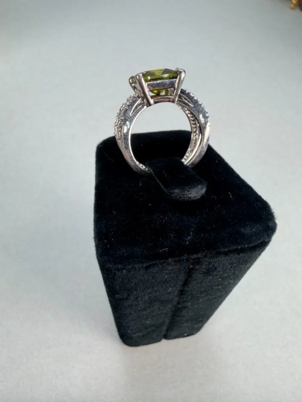 Huge Olive Green Princess Cut Statement Ring Pave CZ Silver Tone Size 7.5